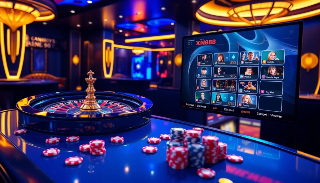 Experience the excitement of xổ số xn88 in a luxurious casino setting with vibrant roulette and poker elements.