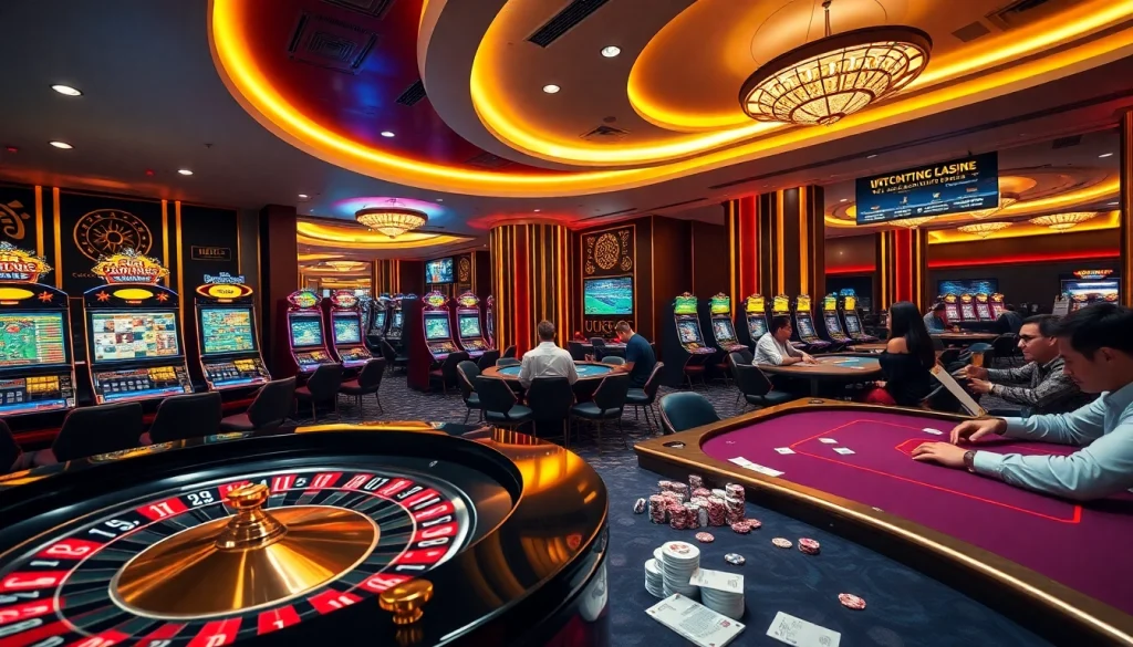 Exciting gameplay at a UU88 casino with vibrant slot machines and a roulette wheel.