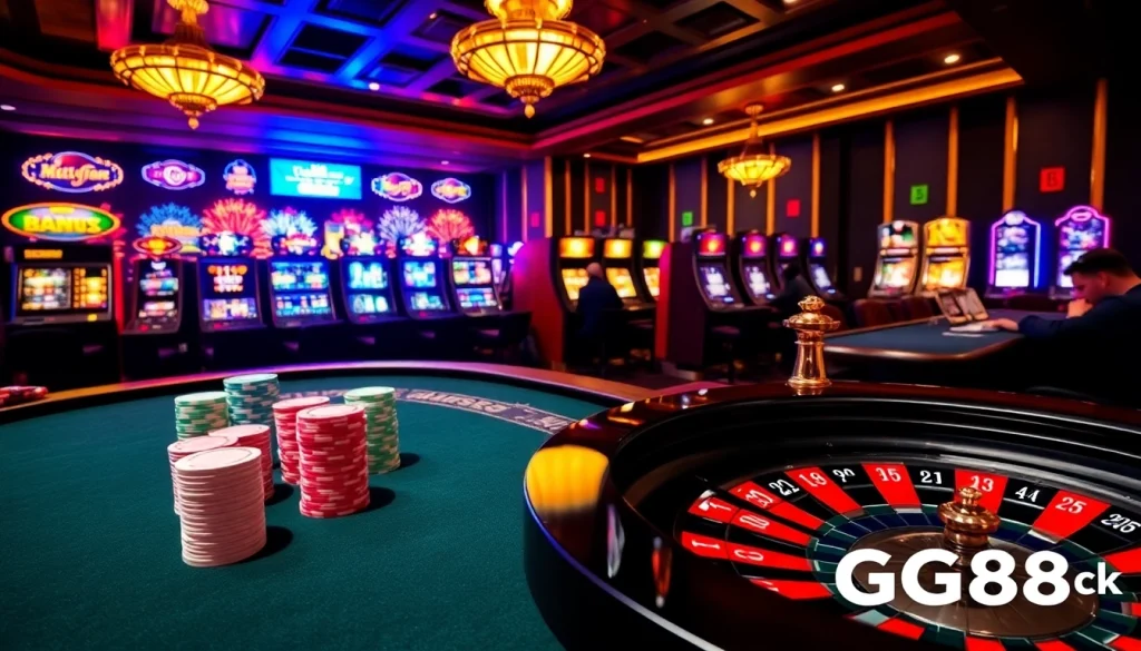 Experience the excitement of gambling with GG88.work’s vibrant casino atmosphere filled with poker chips and roulette.
