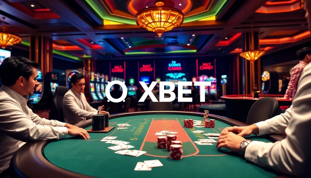 Engage with an exciting OXBET gaming scene featuring vibrant casino tables and players enjoying their favorite games.