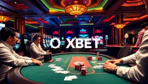 Engage with an exciting OXBET gaming scene featuring vibrant casino tables and players enjoying their favorite games.