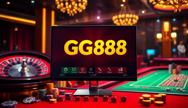 Experience the thrill of gambling at GG88 with a luxurious casino backdrop, showcasing roulette and poker elements.