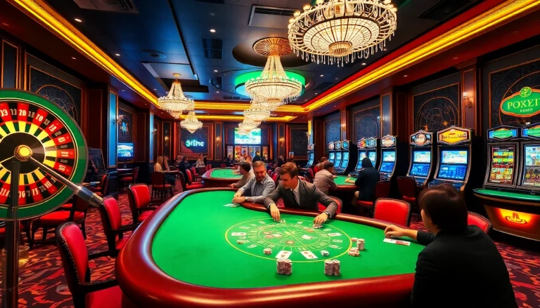 Exciting casino gameplay at https://2haywin.art/, featuring vibrant tables, poker chips, and roulette wheels.