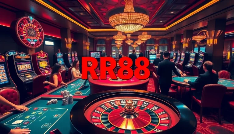 Experience the thrill of RR88 with luxury casino tables, vibrant slot machines, and engaging players.