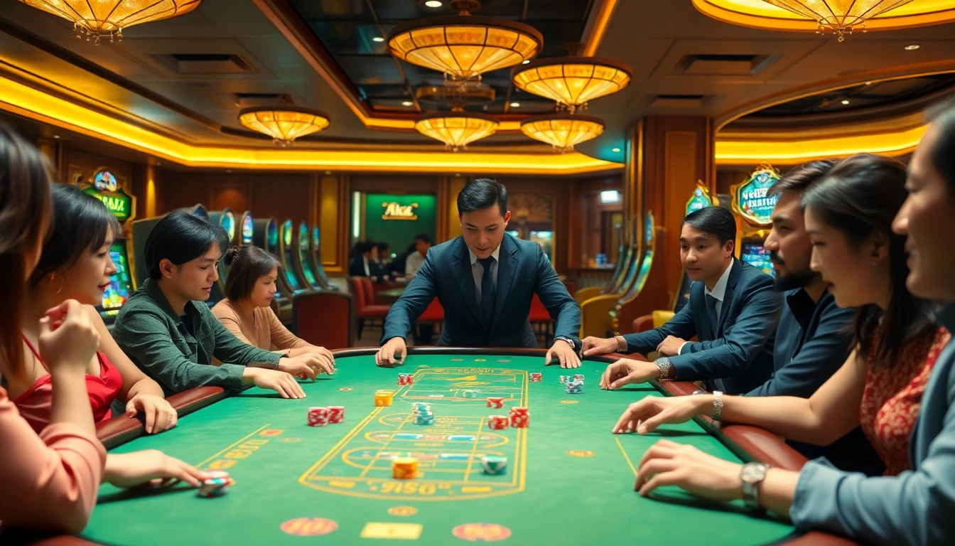 Exciting tài xỉu md5 gameplay at a vibrant casino table with players and colorful chips.