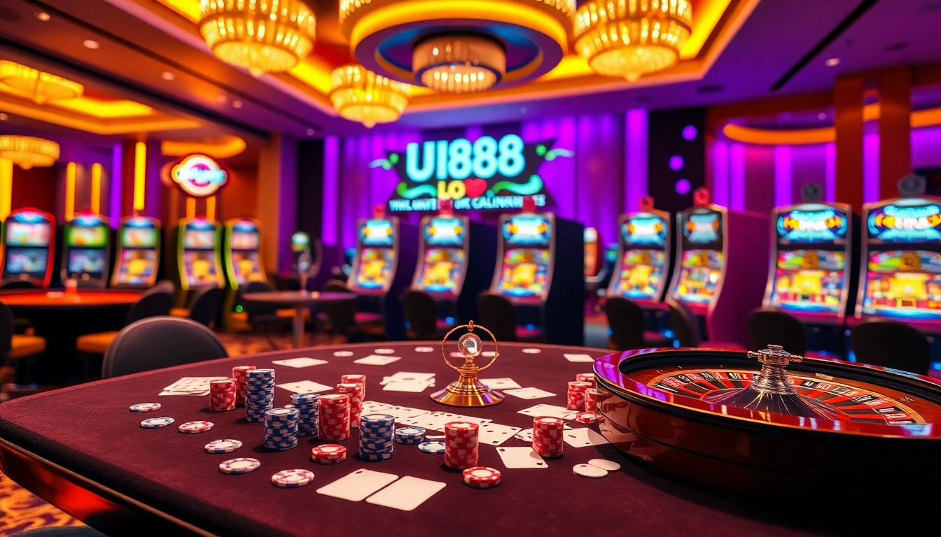 Engaging U888 Love casino scene with vibrant table games and slot machines.