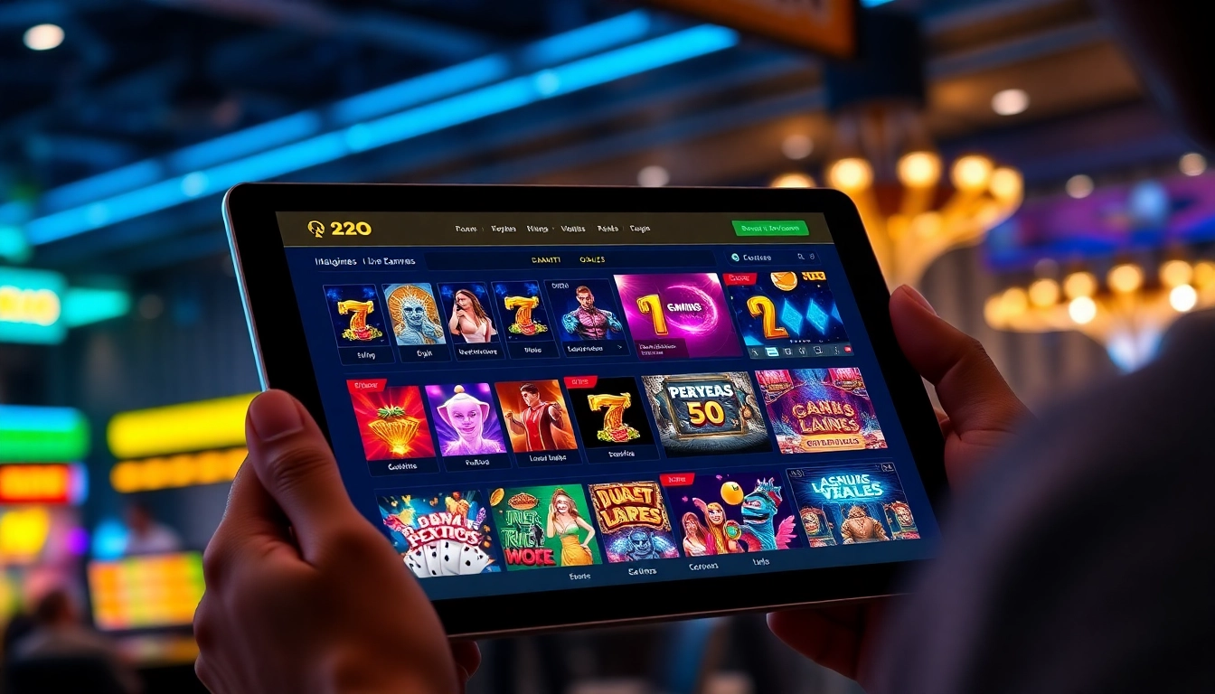 Interactive display of 222O's modern online betting platform showcasing vibrant slot games and live dealers.