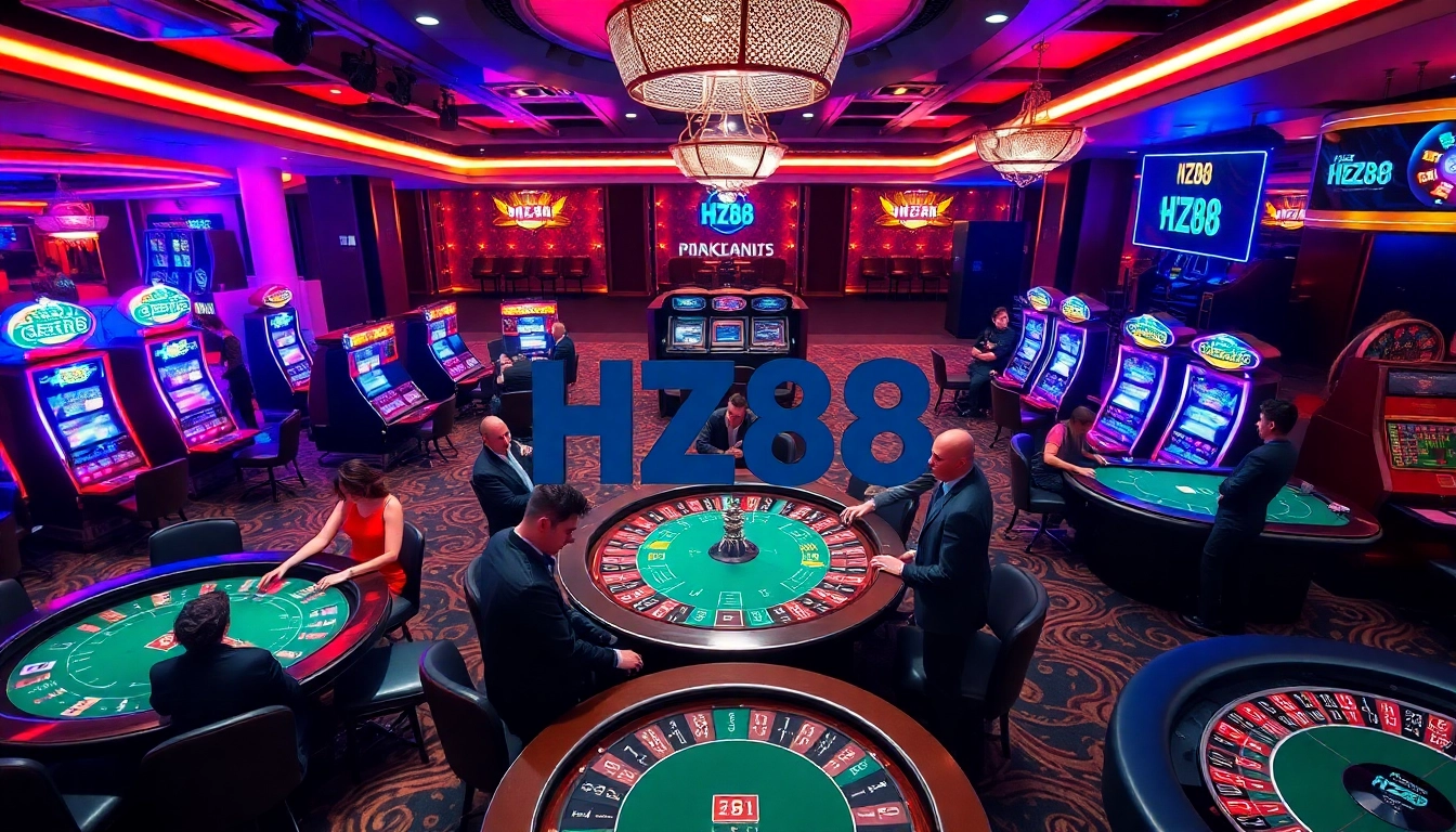 Experience thrilling gaming action at HZ88 casino, featuring vibrant slot machines and poker tables.