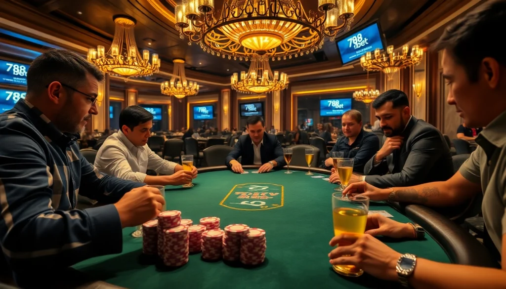 A dynamic poker game at 788bet showcasing players engaged and focused, emphasizing strategy and excitement.