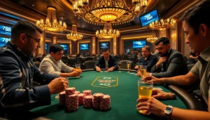 A dynamic poker game at 788bet showcasing players engaged and focused, emphasizing strategy and excitement.
