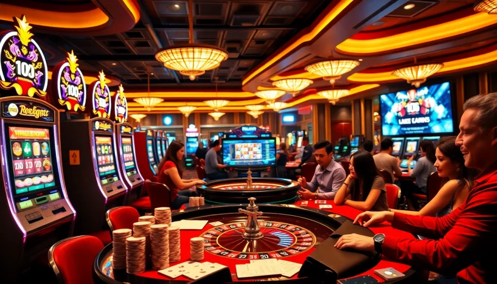 Engaging gamblers at a vibrant casino scene featuring https://mb66.ski/ with slot machines and a roulette table.