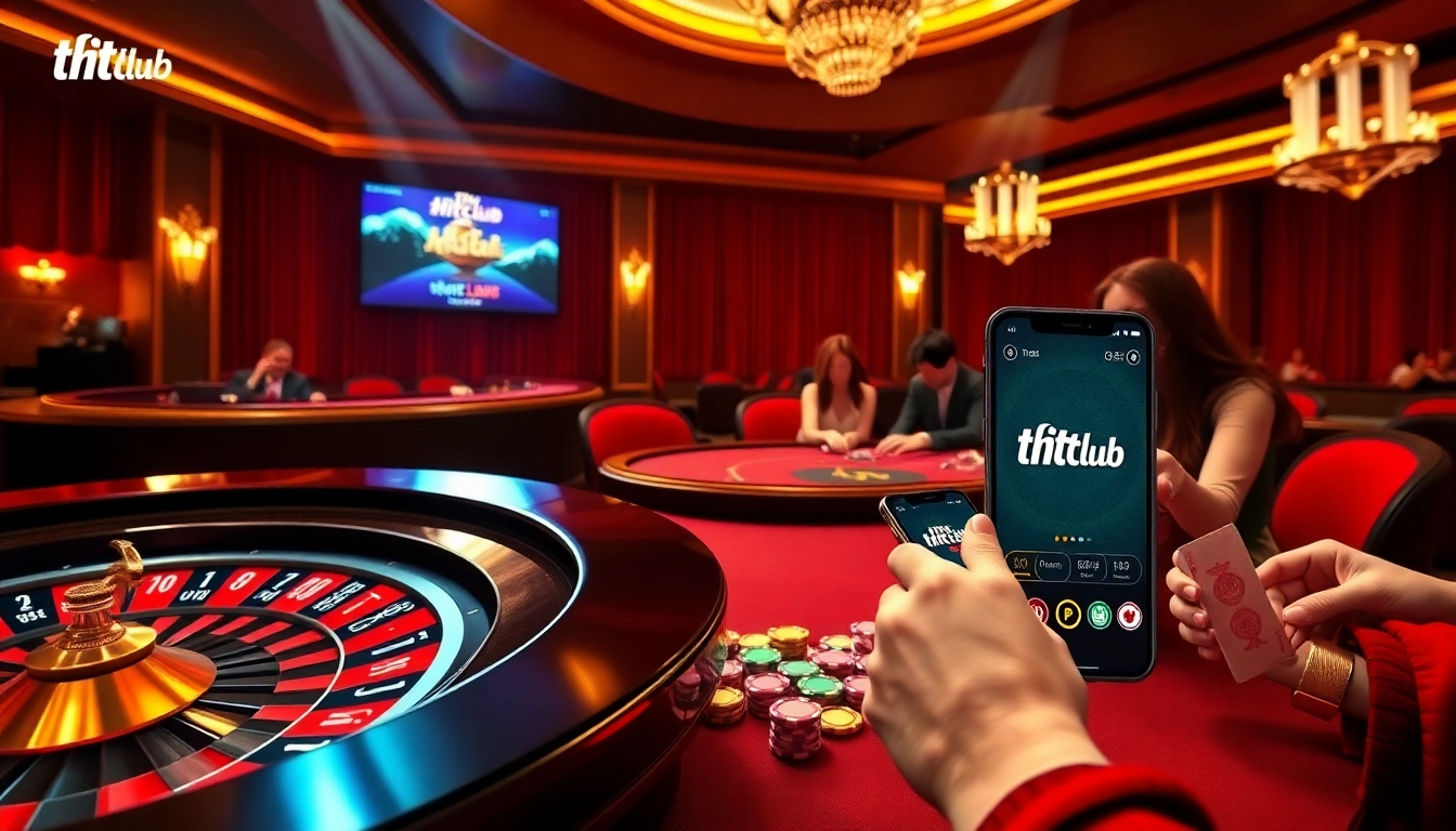 Players engaged in thrilling gameplay, loading the tải hitclub app with excitement at a lavish casino table.