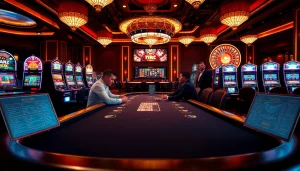 KJC Casino: Engaged players at a professional poker table amidst luxurious gambling elements.