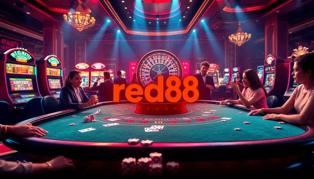 Players strategizing at the red88 baccarat table, surrounded by vibrant casino elements.