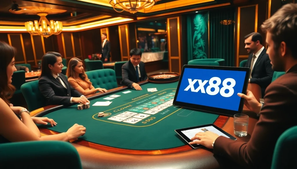 Players enjoying blackjack at a luxurious casino table, featuring the online platform xx 88.