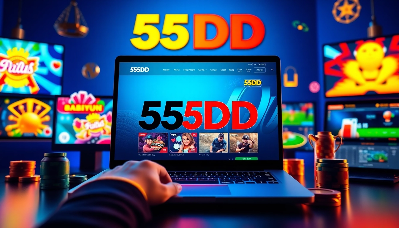 Engaging with the innovative 55DD online betting platform on a sleek laptop, showcasing diverse games and vibrant graphics.
