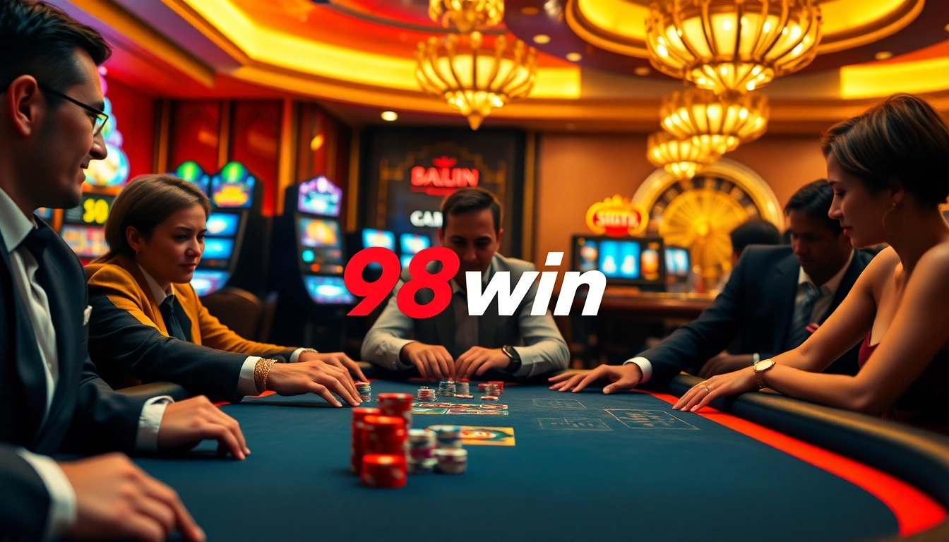 High-stakes poker players enjoying a thrilling game at the 98win casino, showcasing luxury and excitement.