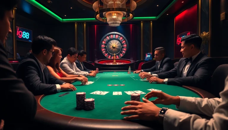 Engaging players experience the excitement of poker at iq88 casino with vibrant chips and cards.