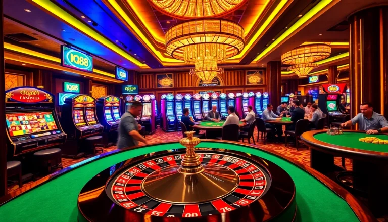 Betting excitement at IQ88's luxurious casino with roulette and poker games.