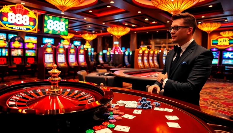 Engaged players strategizing at an 888 new-themed casino table with roulette and poker chips.