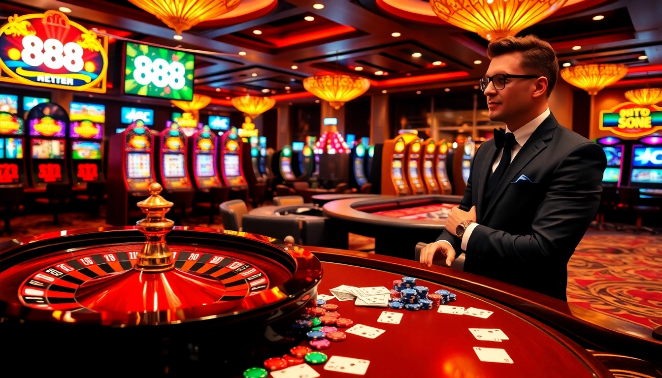 Engaged players strategizing at an 888 new-themed casino table with roulette and poker chips.