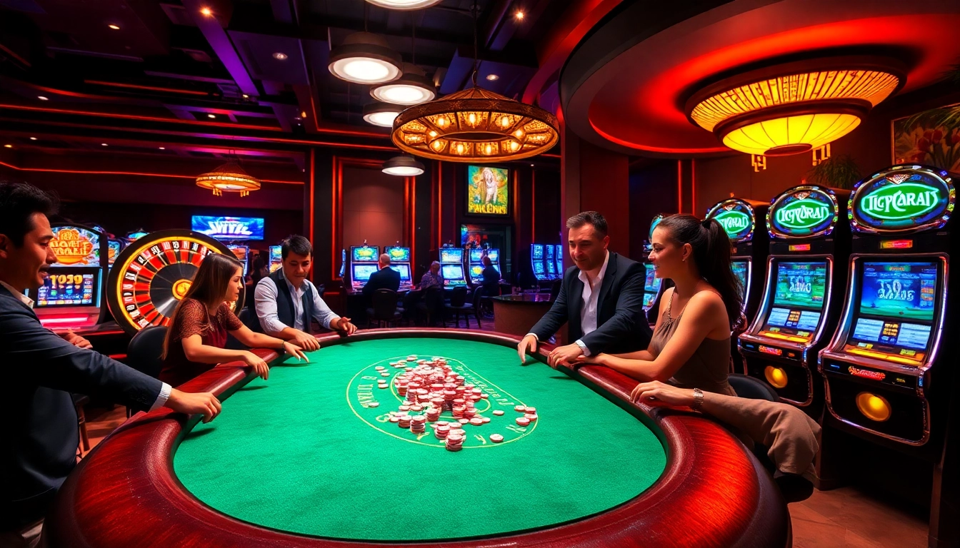 Engaged gamblers at a poker table, showcasing nohu-themed excitement and vibrant casino elements.