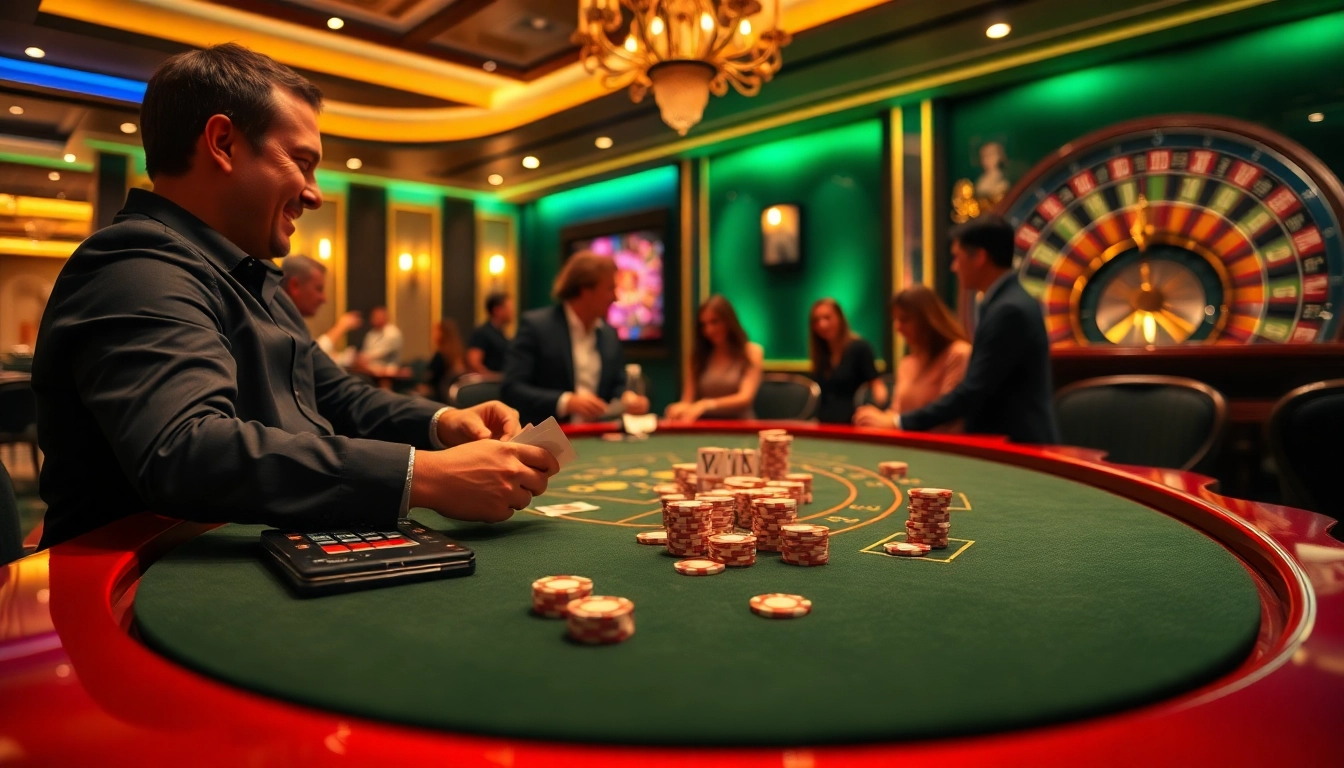 Experience the thrill of gambling at https://vb88.boston/ with players betting at a luxurious casino table.