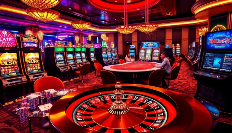 BEM88 casino scene featuring players in an intense poker game amidst vivid slot machines and a roulette wheel.