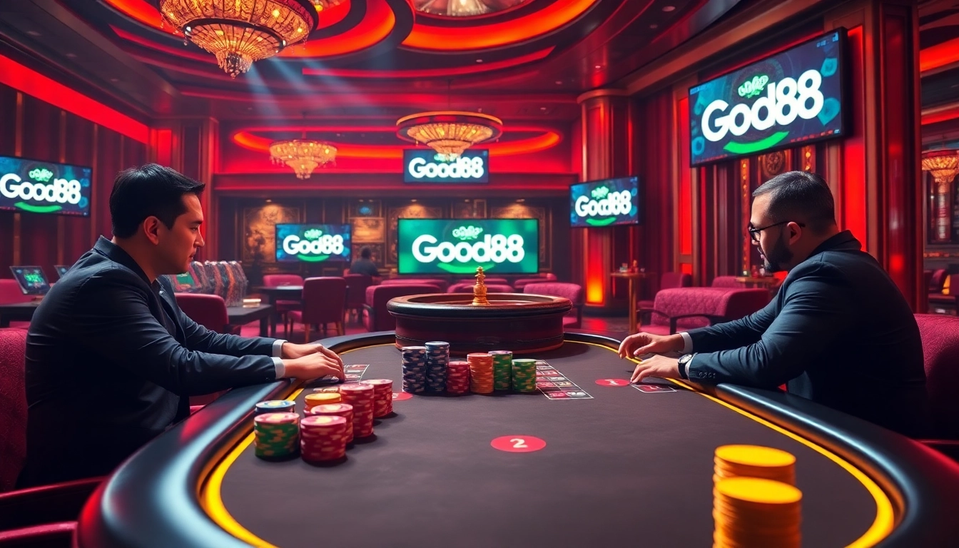 Experience the excitement of gaming at Good88 with vibrant poker action and casino ambiance.