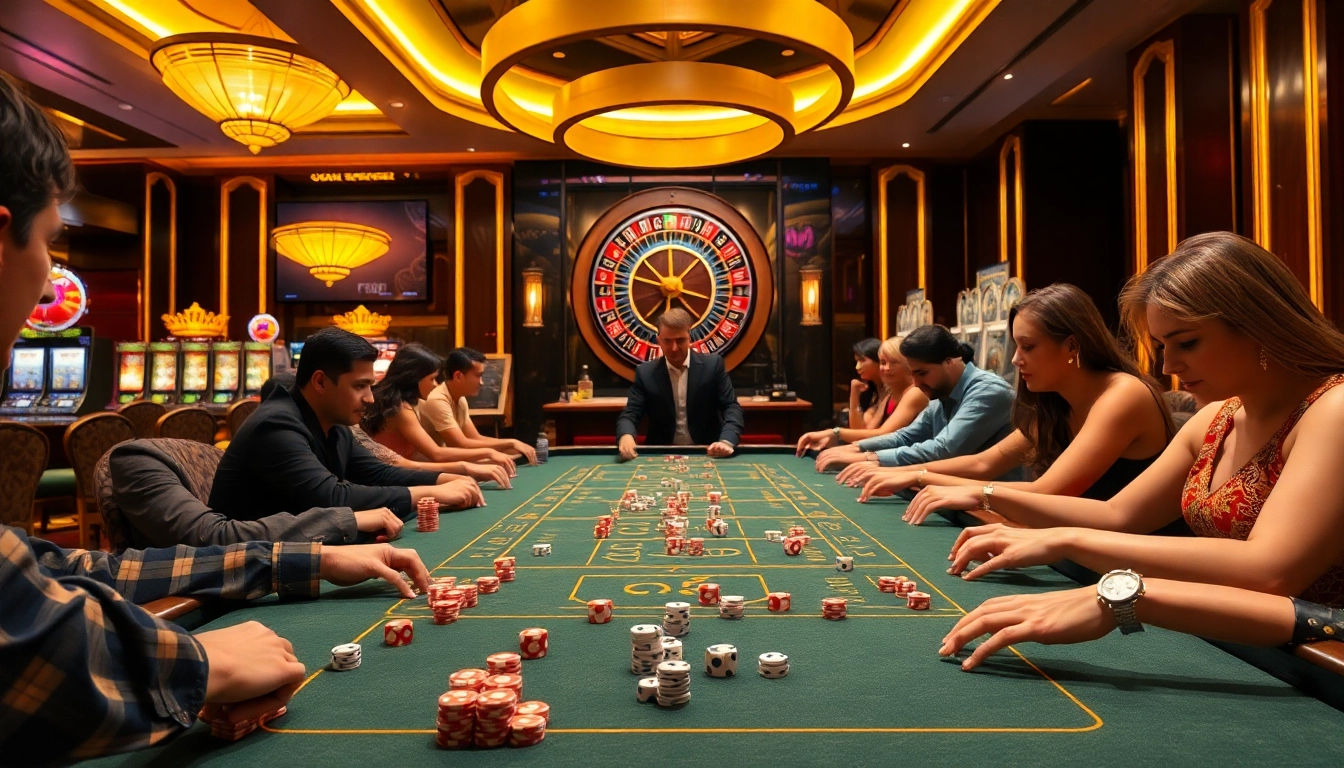 FC88 players enjoying a thrilling dice game at a vibrant casino table.