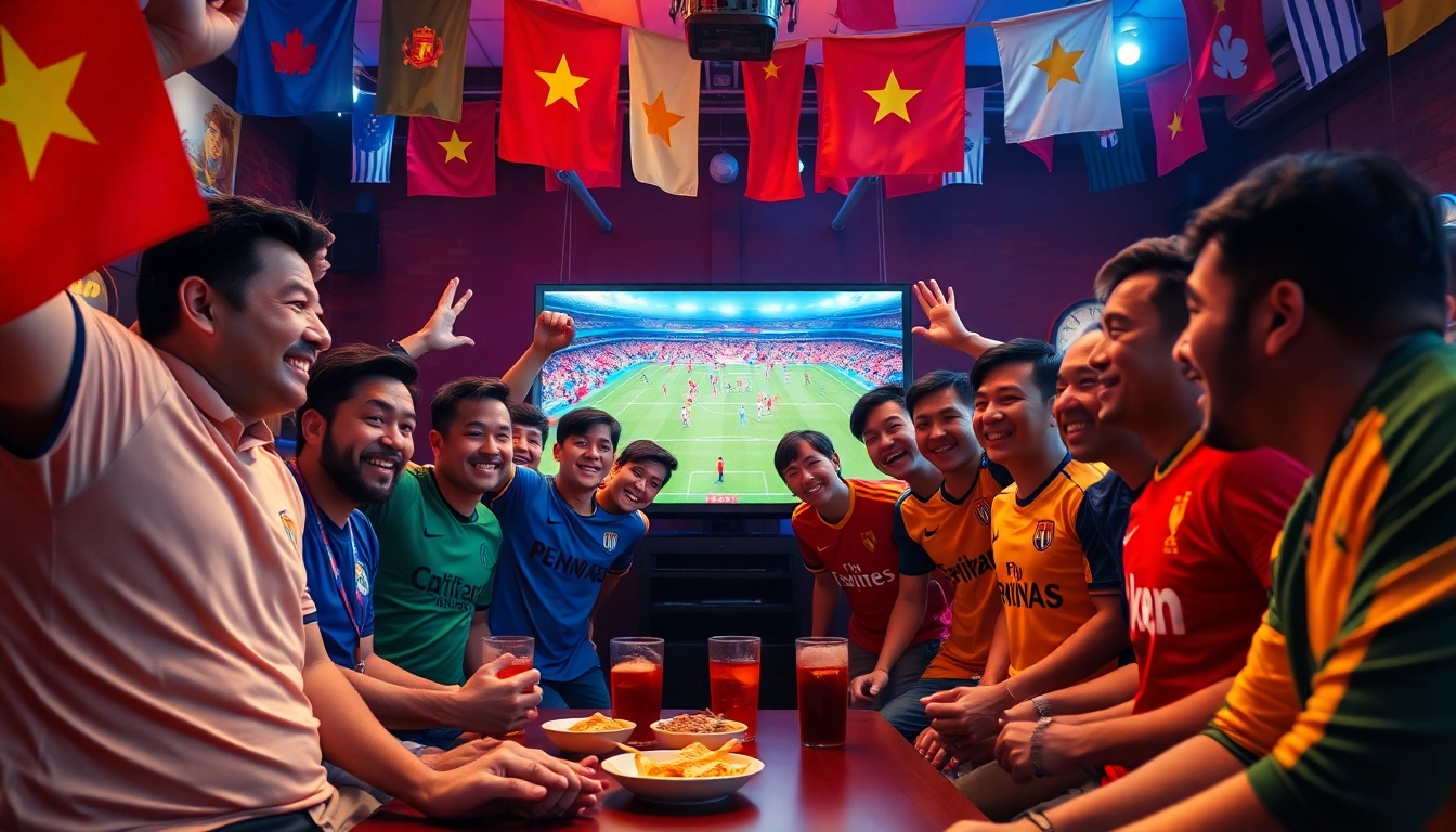 Engaged fans celebrating a football match while watching Luong Son TV.