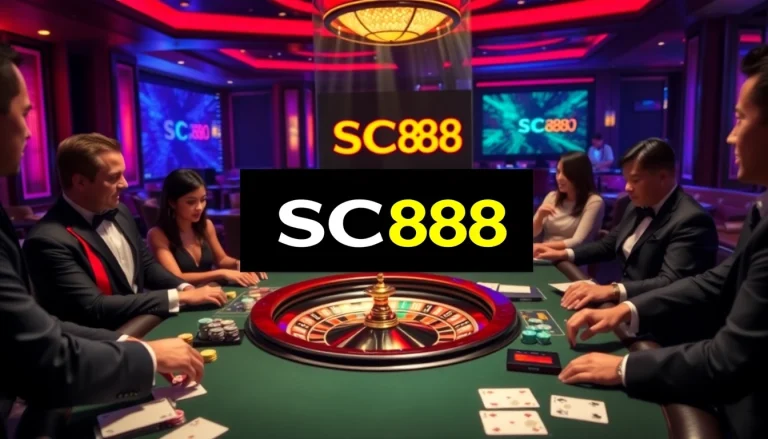 SC88 players enjoying a high-stakes poker game with vibrant chips and a roulette wheel.