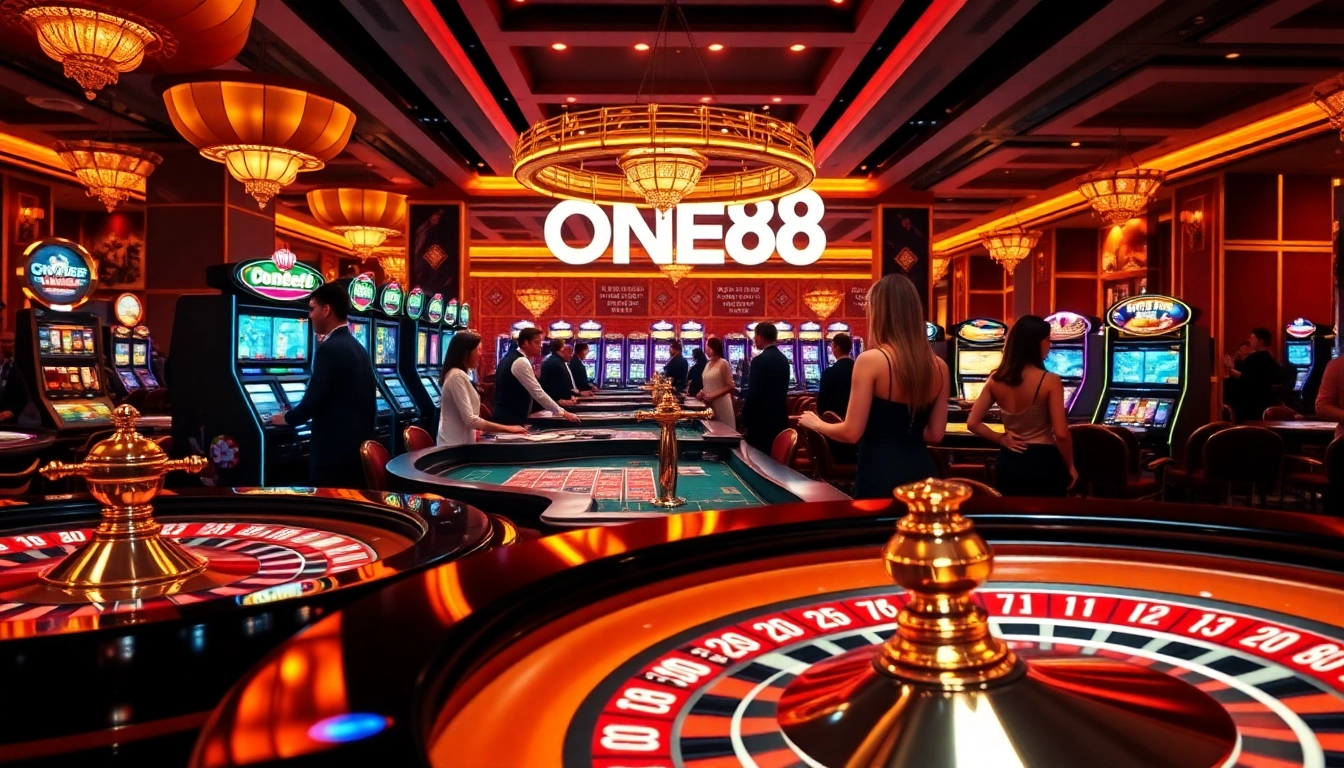 ONE88 casino setting with poker chips and roulette wheels, enhancing the gaming experience.