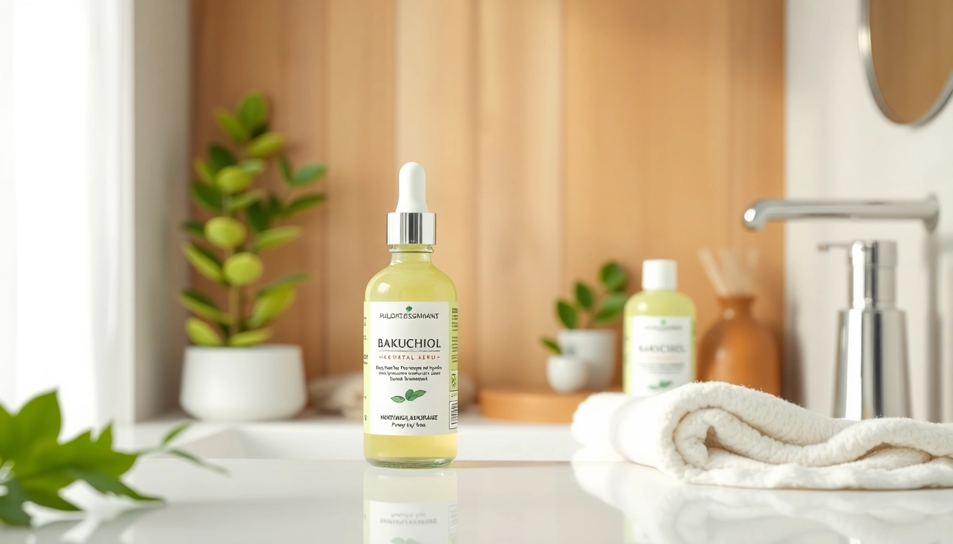 Bakuchiol serum displayed in a serene bathroom setting with natural skincare elements.
