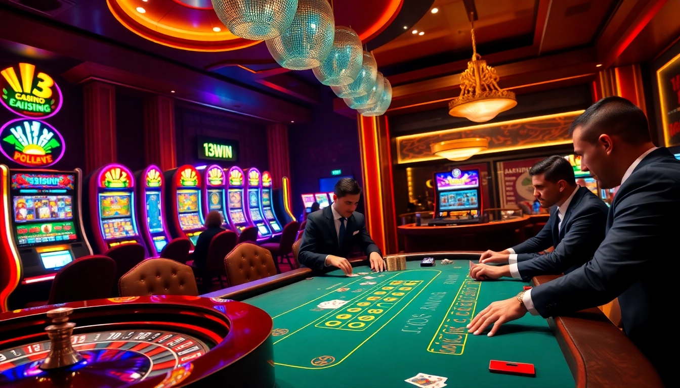 Players enjoy high-stakes action at a vibrant poker table, embodying the excitement of 13win.com.