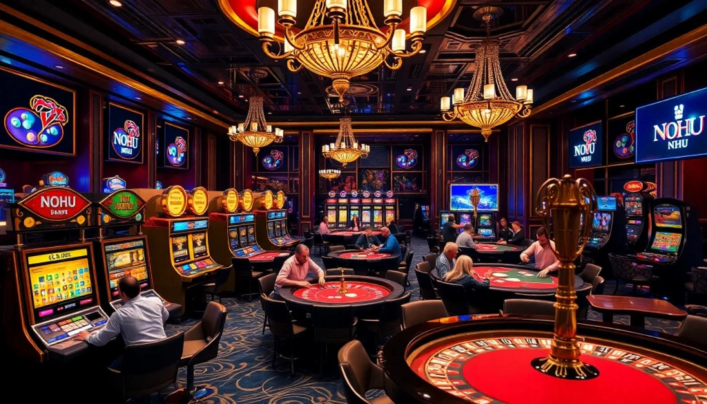Gambling excitement at NOHU with players at slot machines and roulette tables in a lavish casino setting.
