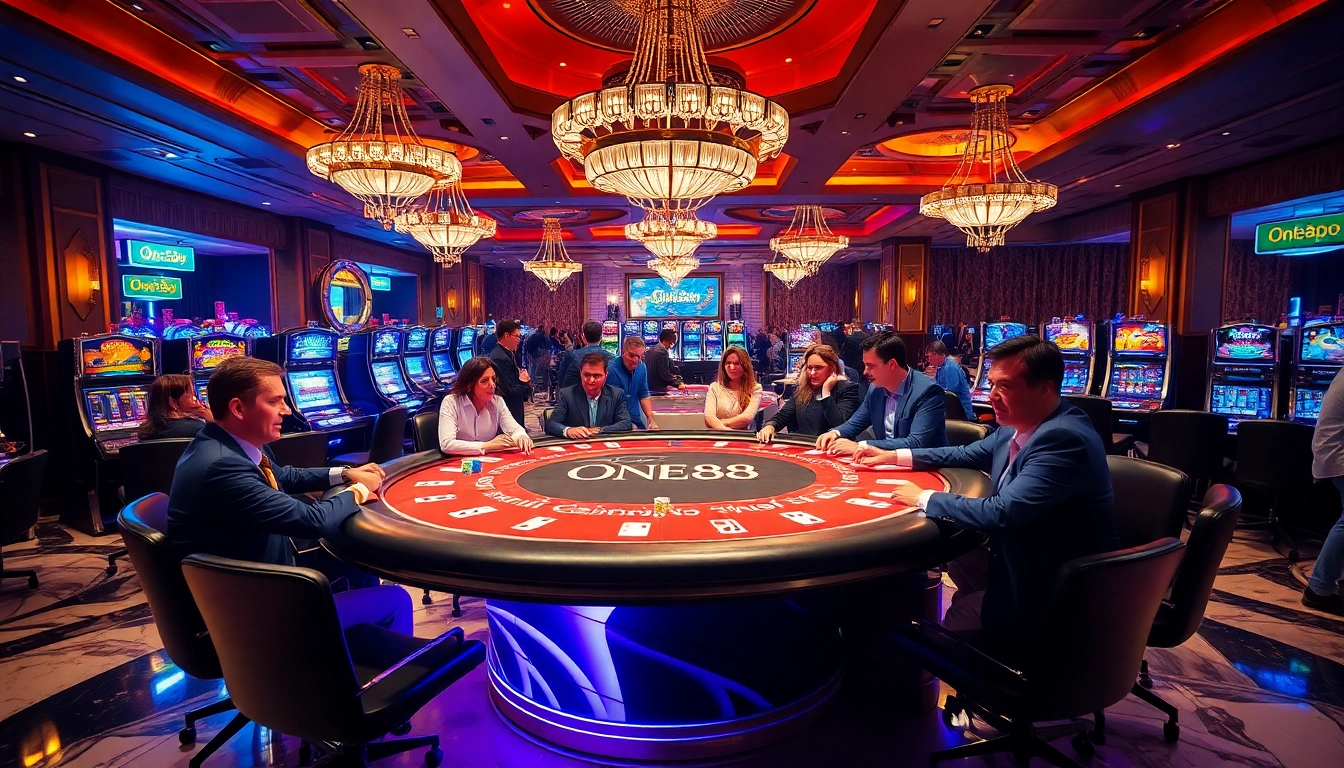 ONE88 table surrounded by enthusiastic players enjoying a high-stakes poker game.