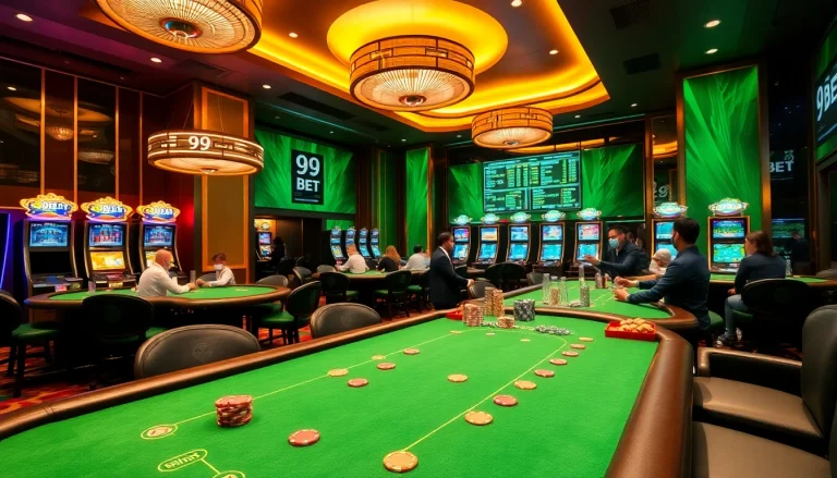 Players enjoying a thrilling game at 9BET's vibrant casino tables filled with poker chips.