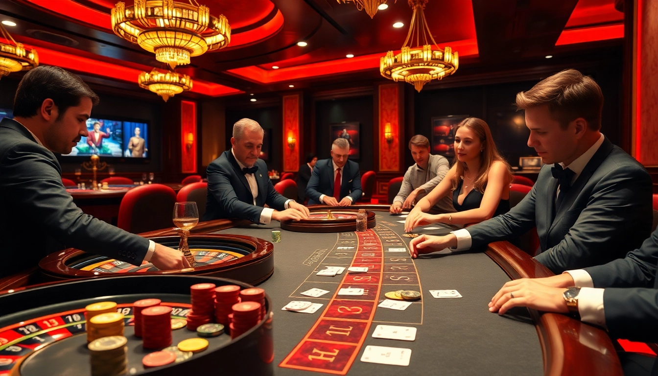Players enjoy an exciting game at a UK88-themed casino, featuring vibrant poker chips and luxurious ambiance.