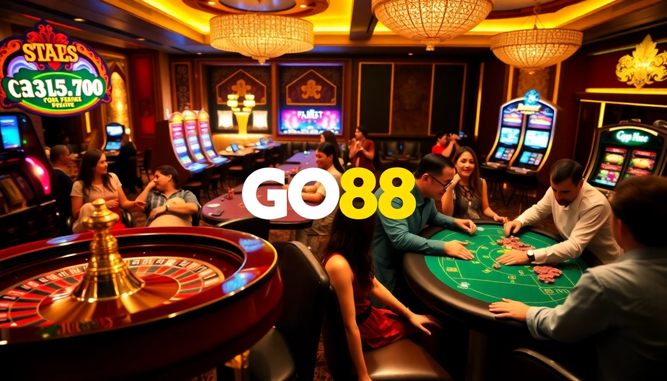 Players enjoying an exhilarating game at GO88 casino, showcasing poker and slot machines.