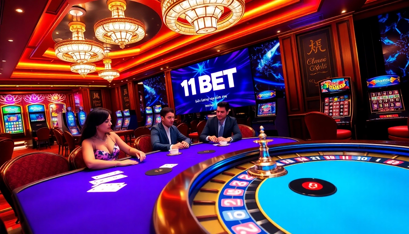 Experience thrilling moments at 11BET’s online casino with vibrant gaming tables and slot machines.