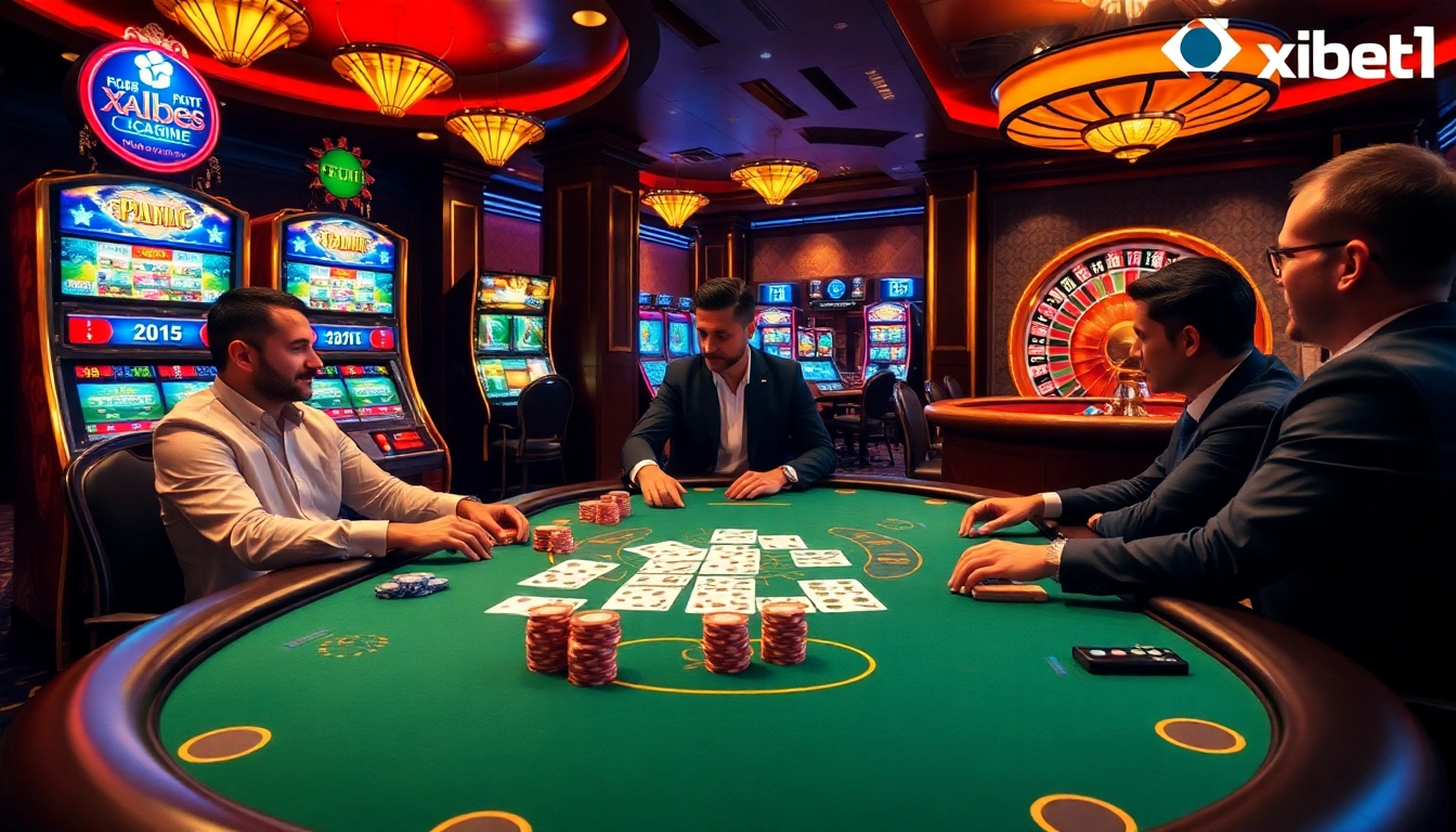 Players engaging in intense poker action at https://xibet1.com/ casino table with vibrant colors.