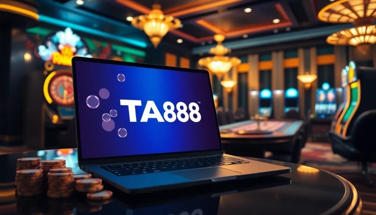 Engage with the excitement of gambling at TA88 featuring vibrant casino elements like poker chips and slot machines.