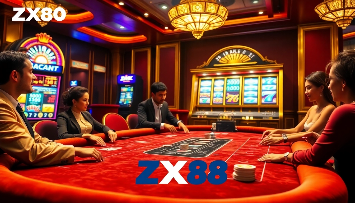 Players engaging in high-stakes Baccarat at ZX88 casino, surrounded by vibrant slot machines and luxurious decor.
