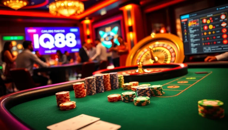 Experience thrilling gambling at IQ88 with vibrant poker tables and roulette in a luxury setting.