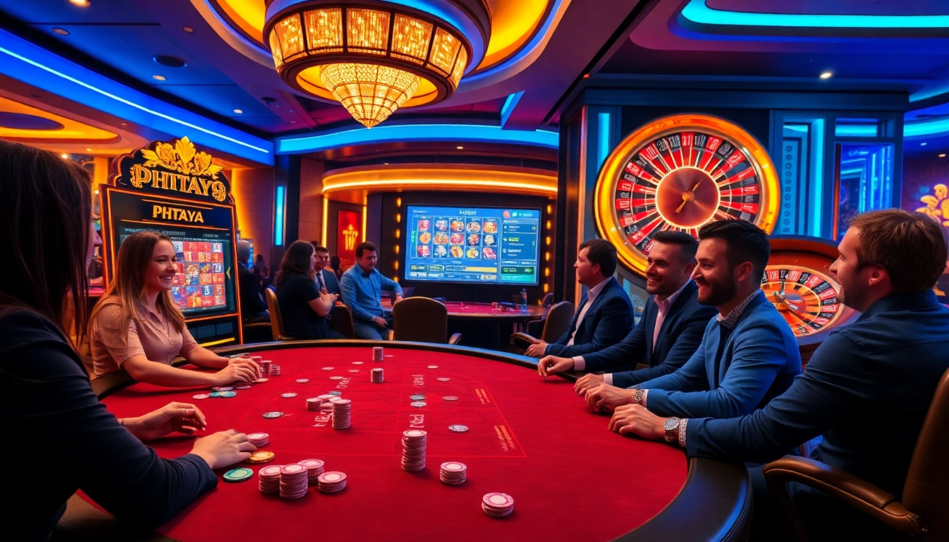 Experience the thrill of PHTAYA with players engaged at poker tables and vibrant slot machines.