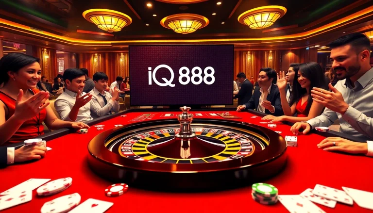 iq88 players placing bets at a lively casino table with poker chips and cards