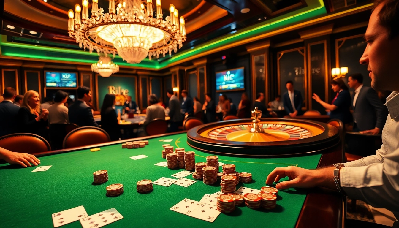 KJC casino scene depicting a vibrant poker game with chips and cards in a luxurious setting.
