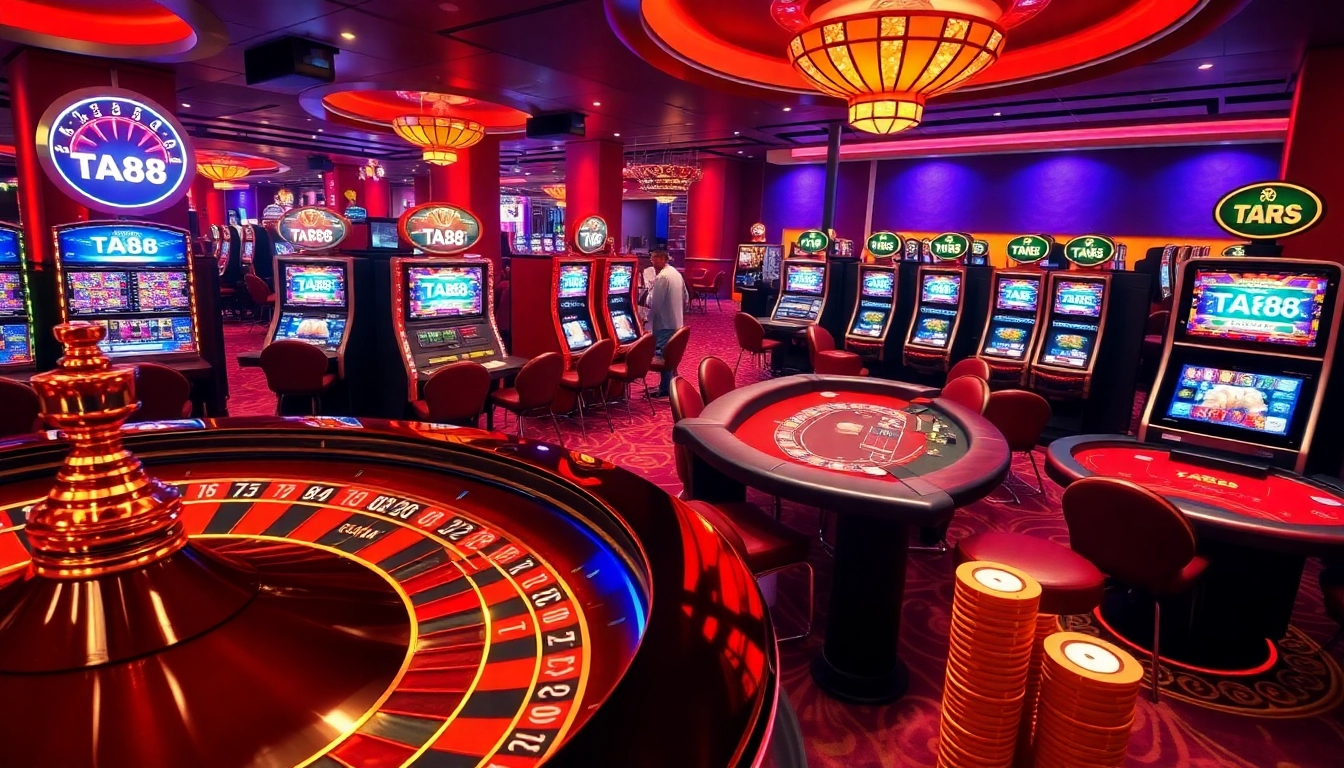 Experience the thrill of casino gaming with TA88, featuring vibrant tables, roulette wheels, and slot machines.