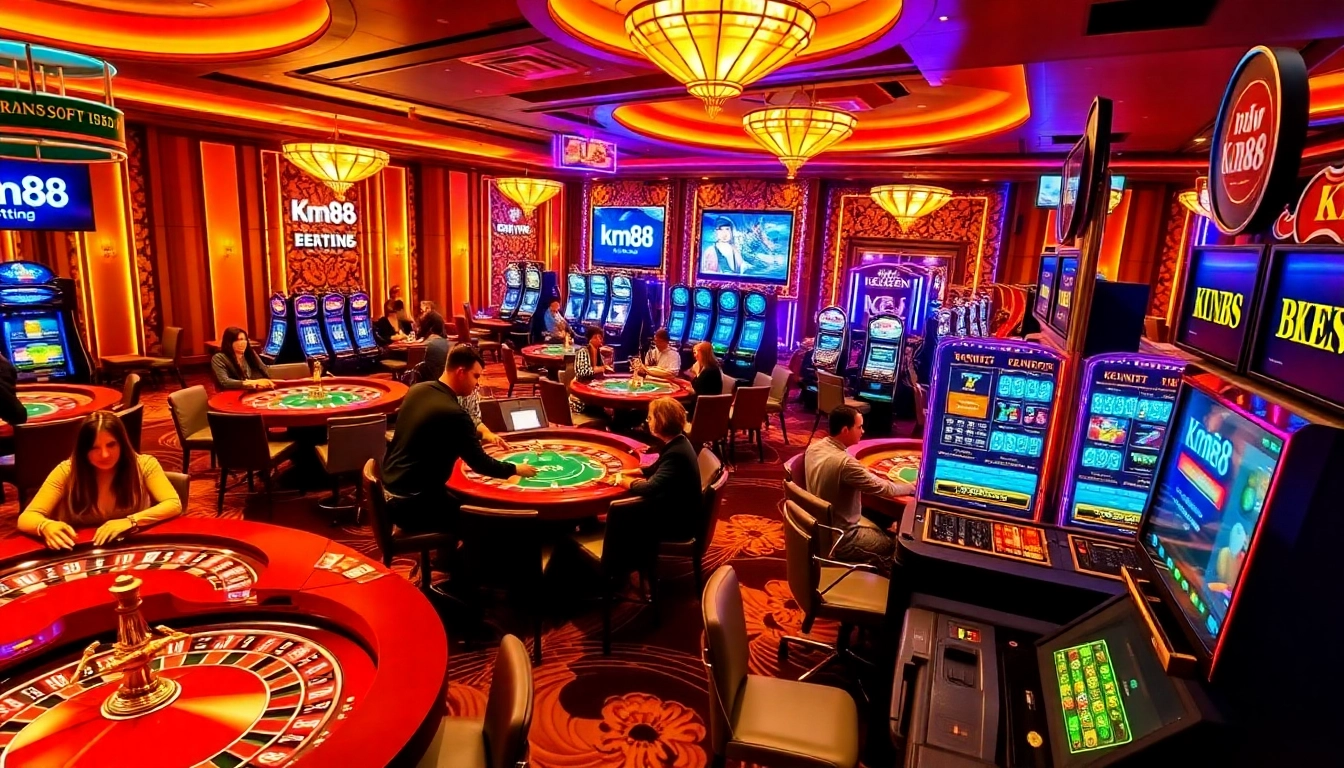 Action-packed casino experience featuring km88 players at slots and poker tables, showcasing excitement and luxury.